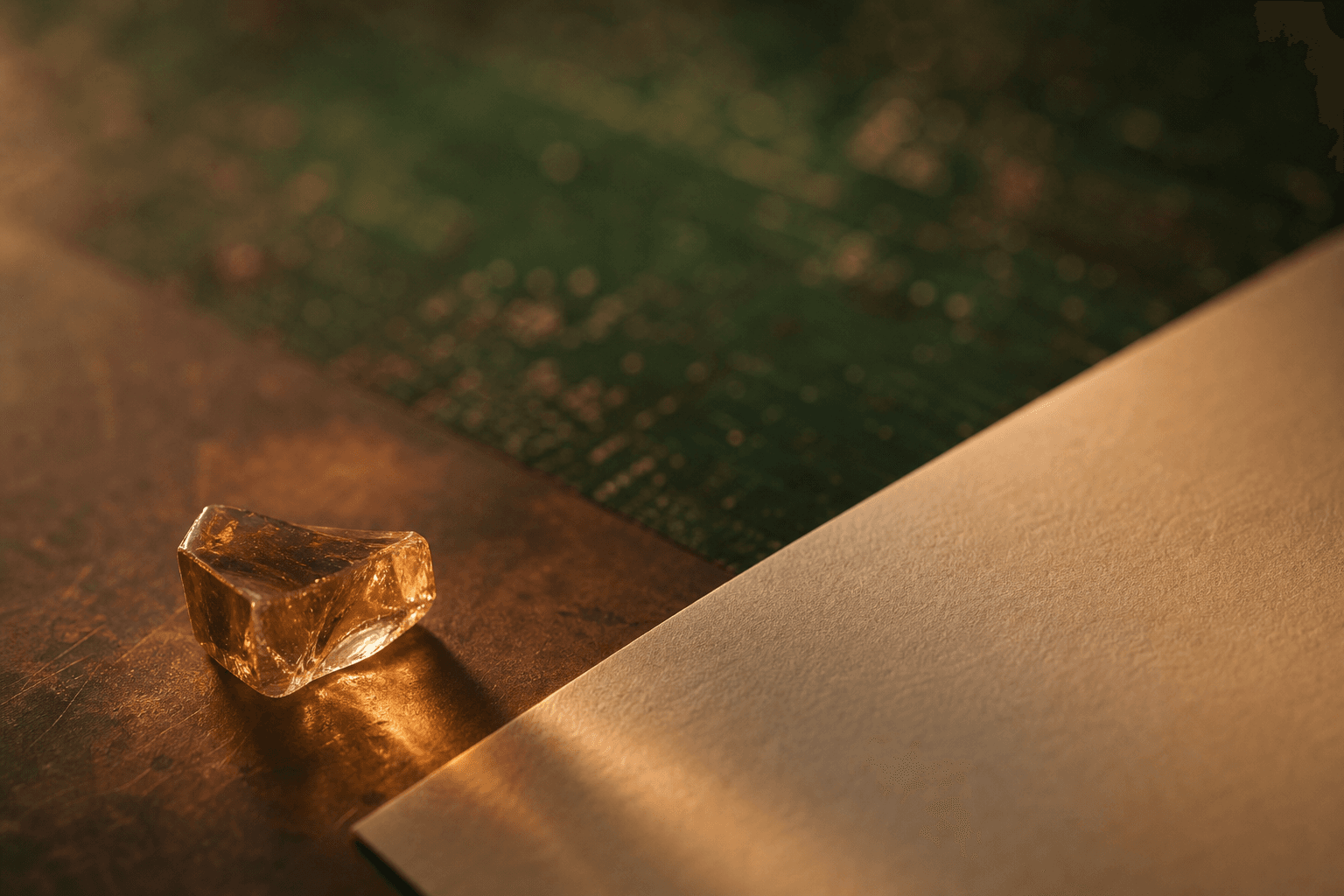A generated illustration of warm light passing through an irregular piece of unmarked amber glass beside drafting paper, with a circuit board blurred in the background.