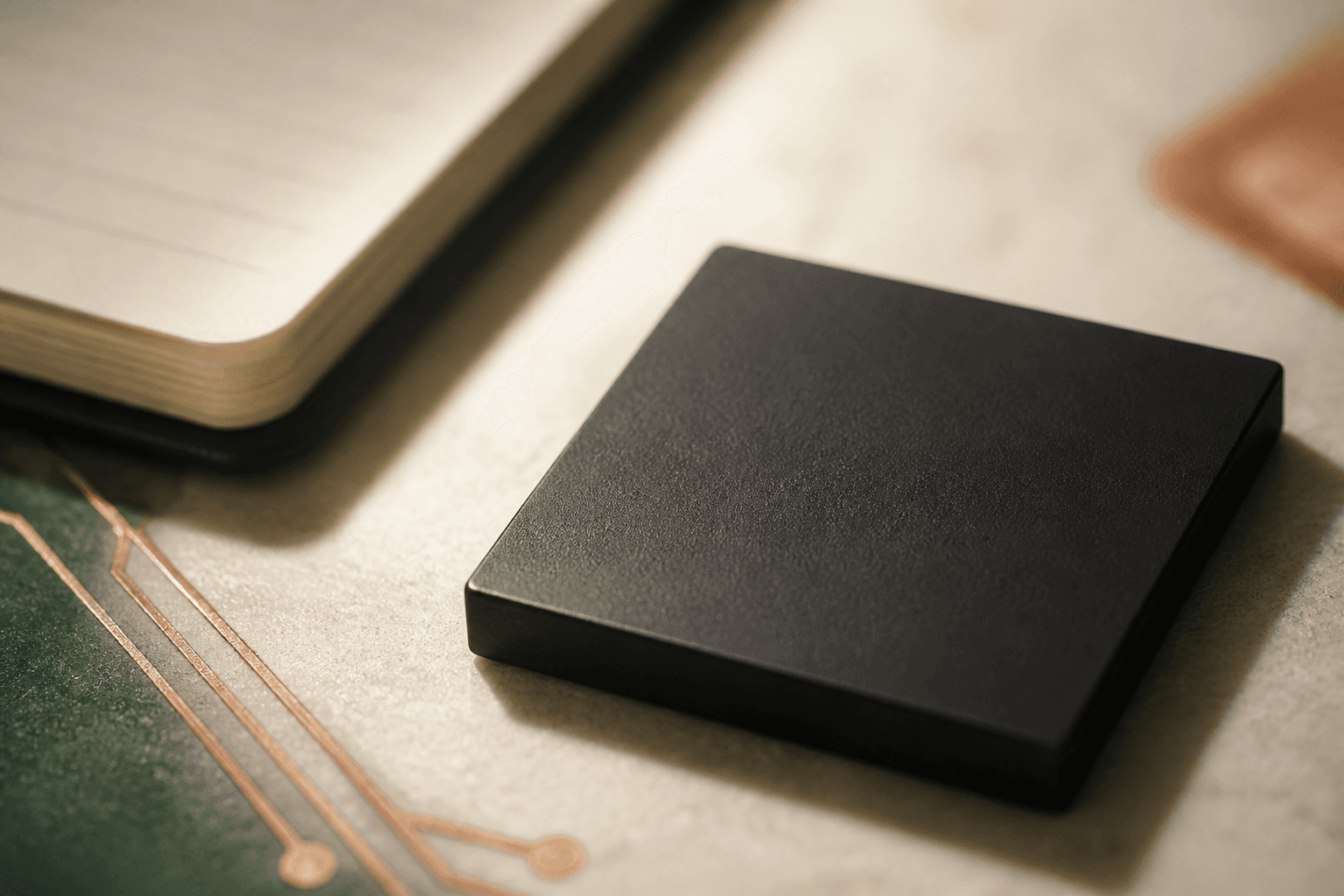 A generated illustration of a blank dark square chip package seen at a shallow oblique angle beside an out-of-focus notebook.