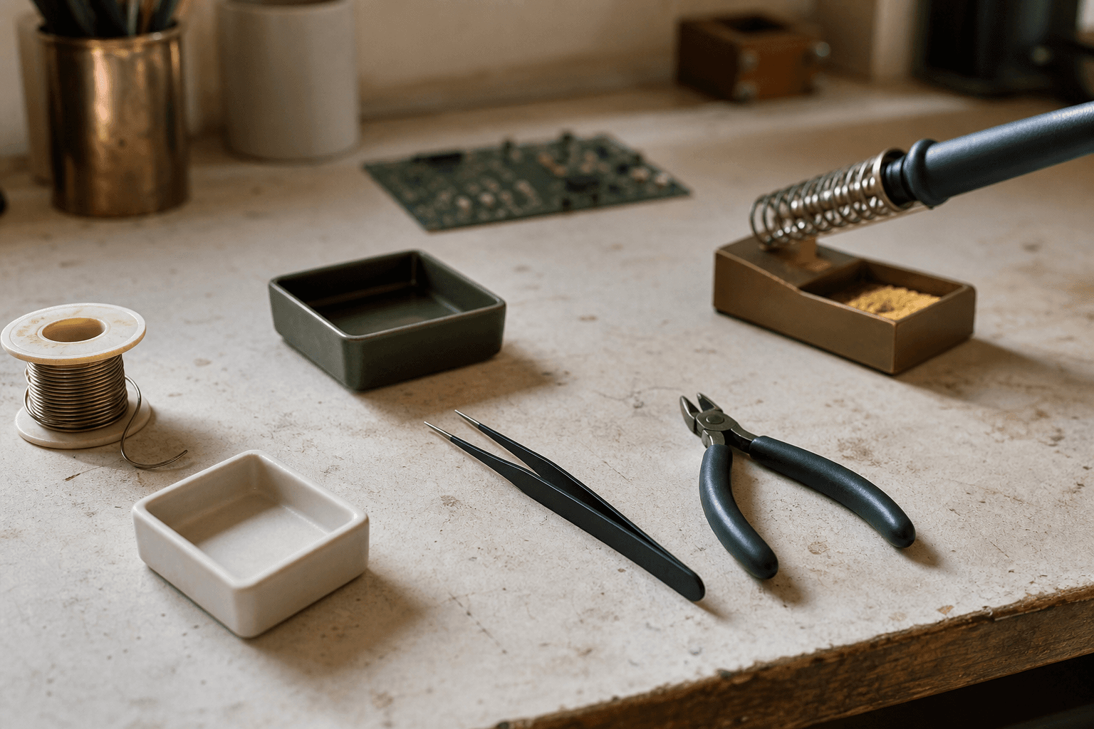 A generated illustration of a lived-in electronics craft bench with a parked soldering iron, tweezers, cutters and blank parts trays.
