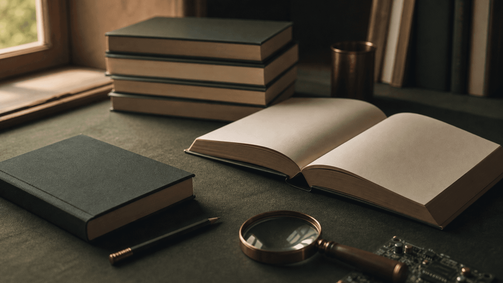 A generated illustration of a reading desk with blank-covered hardcover books, a closed notebook, a pencil and a magnifier.