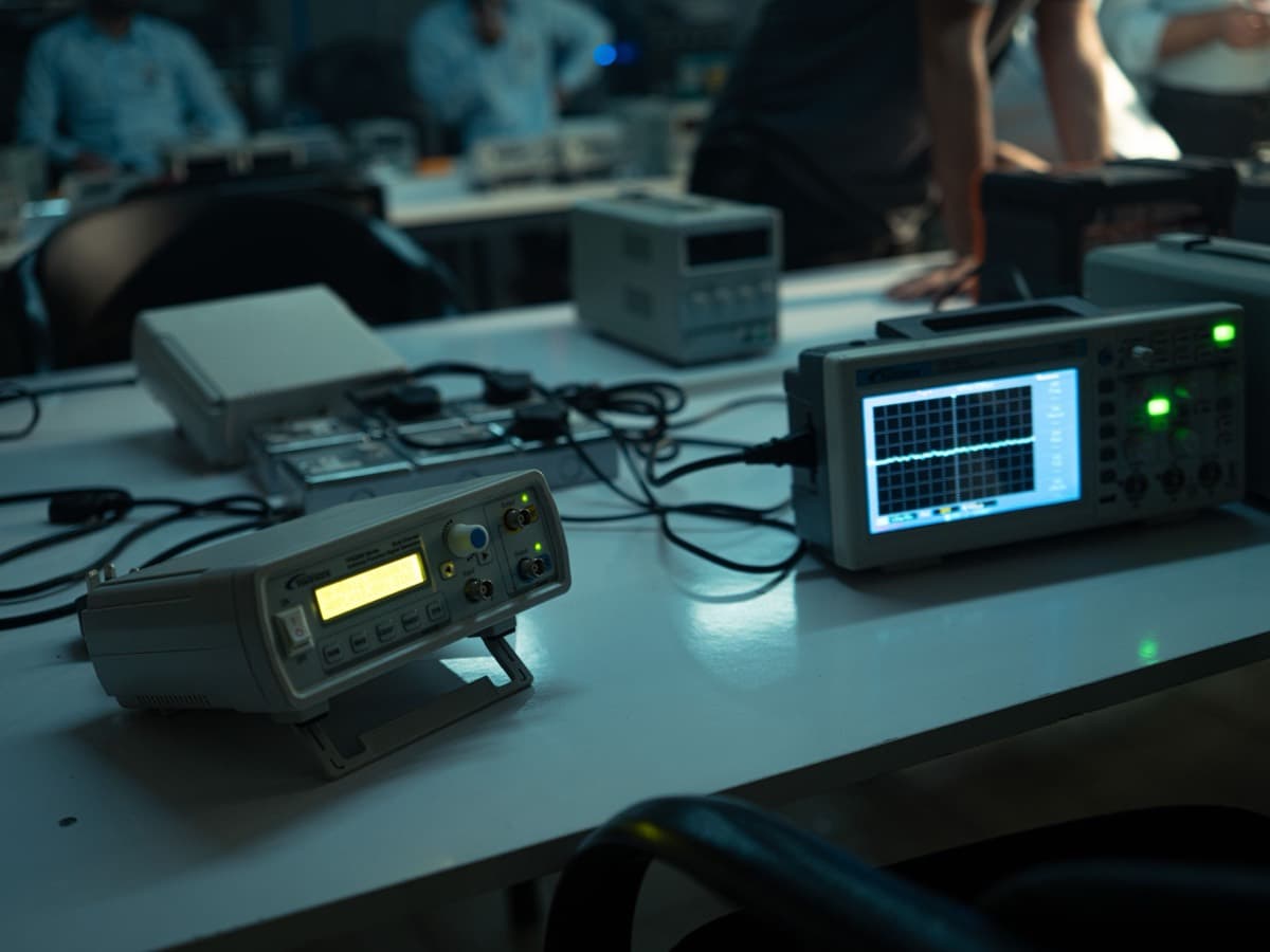 A real electronics laboratory bench with test instruments in use.